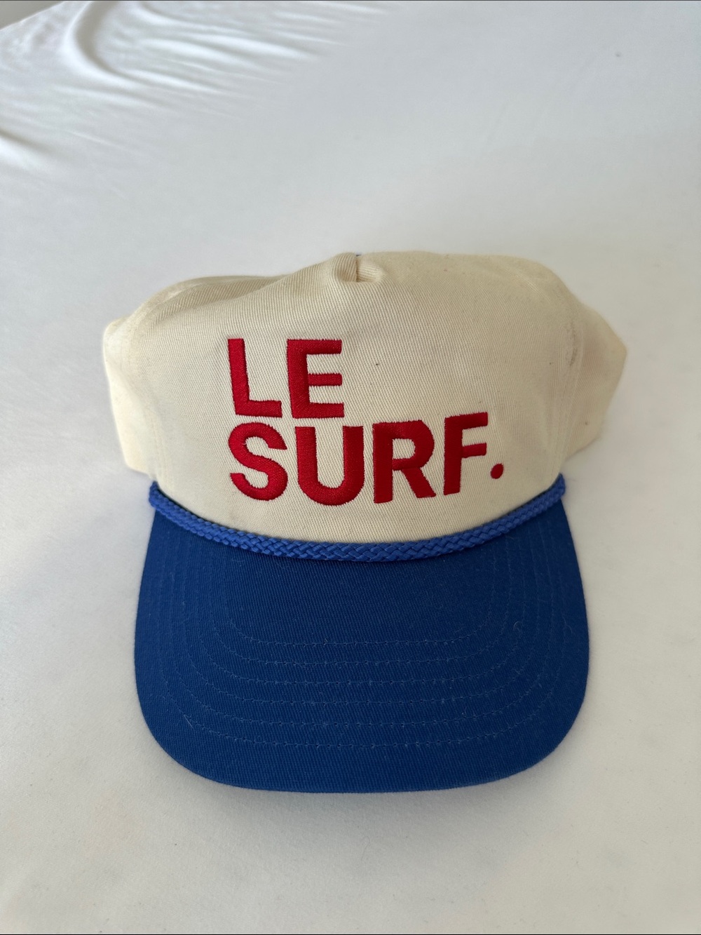 Cream and Blue Embroidered Trucker Hat